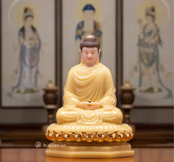 tượng đức phạt bổn sư thích ca nguyên áo thạch anh vàng tụ hoa